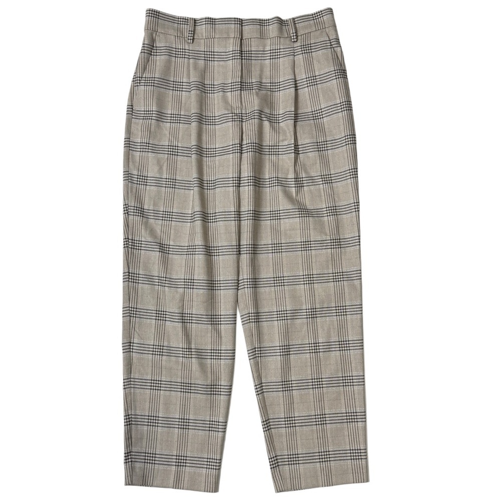 {LOFT} Tan Beige Black Silver Metallic Academia Plaid Tapered Leg Dress Pants
